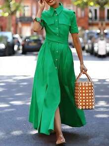 Vestido casual elegante de unicolor con botones delanteros para mujer, adecuado para vacaciones, uso diario, oficina, fiesta, concierto - Verde - Ver 1