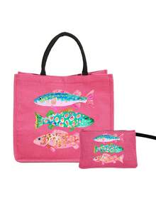 Colorful Fish Pattern Canvas Tote Bag And Wristlet Pouch Set, Reusable Beach Tote Bag With Matching Cosmetic Bag, Ocean Theme Fish Pattern Tote Bag With Black Handle - Multicolor - View 17