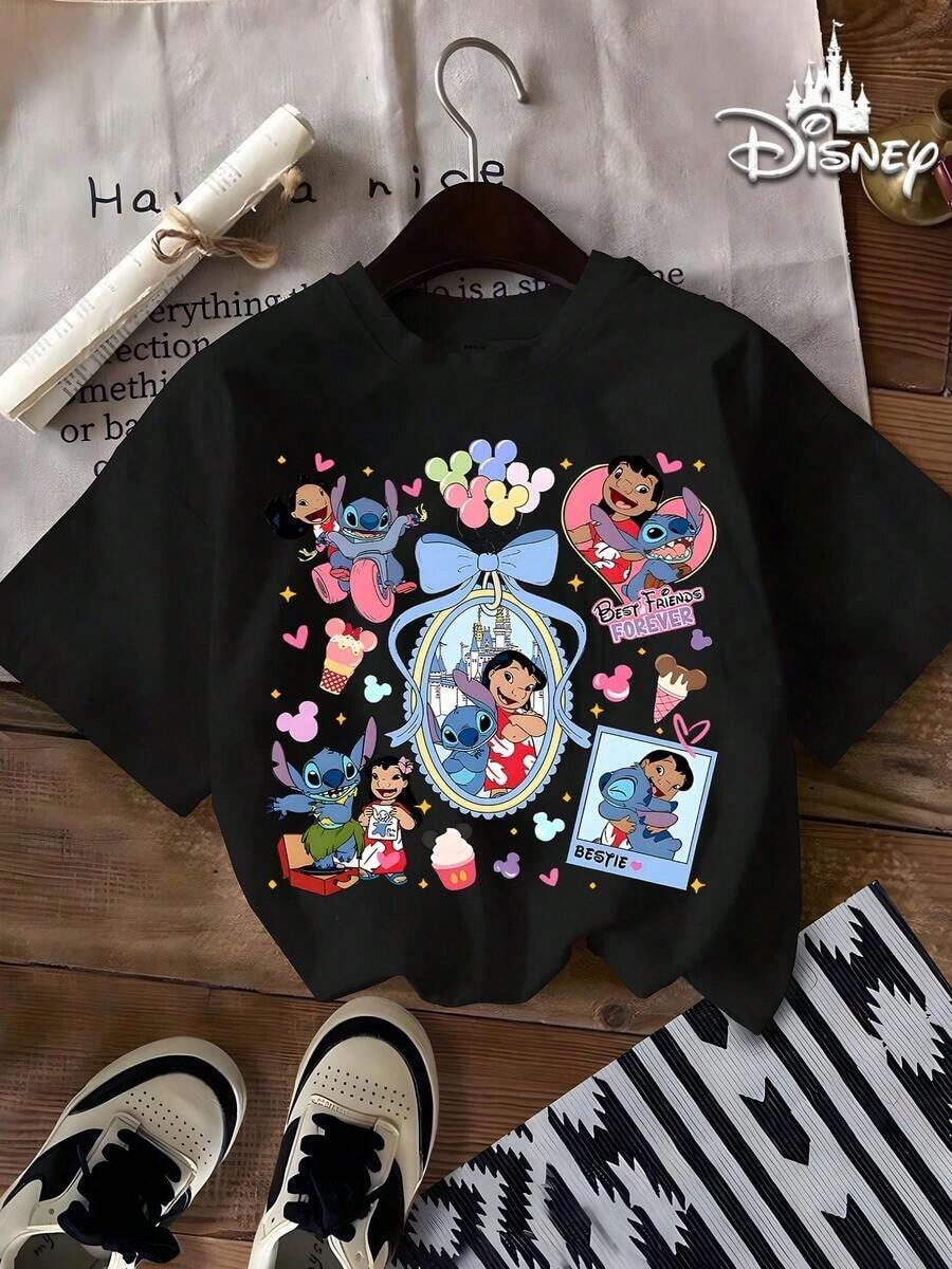 Disney Authorized 100% Cotton T-Shirt, Lilo And Stitch Print Soft Round Neck T-Shirt, Full Of Vivid Design Details, Disney Gift, Fabric Washable And Easy To Take Care Of, Daily Street Travel, Commuting And Other Scenes, Full Of Vacation Atmosphere, Male And Female Short-Sleeved T-Shirt, Machine Washable - màu đen - Xem 1