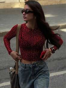 Sweetness - Women's Sexy Long Sleeve Tops, Leopard Print Mesh T-Shirt, Women's Bodycon Clothing, Streetwear For Party And Club, Casual Nightgown Y2K - 紅色的 - 查看 1