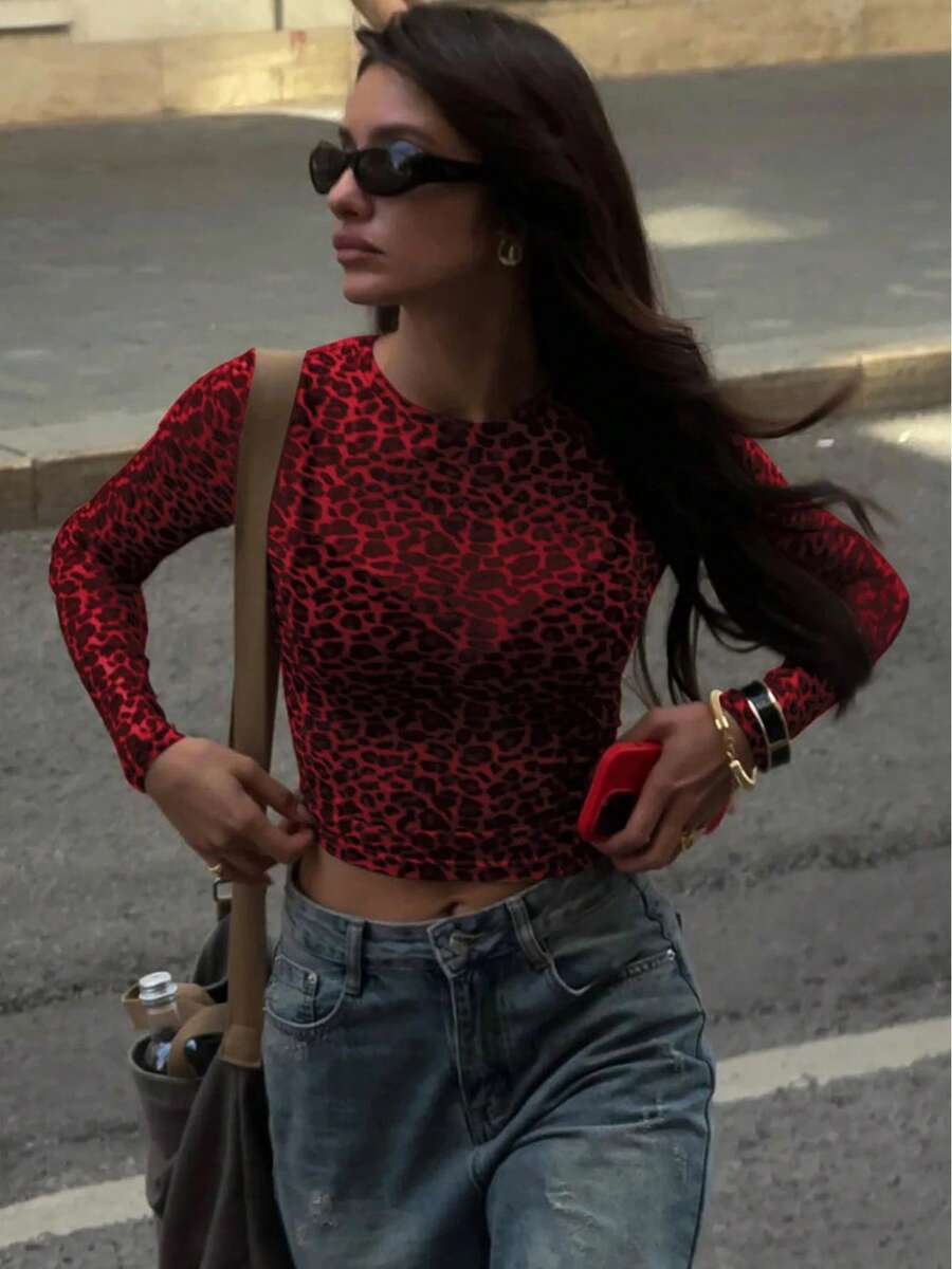 Sweetness - Women's Sexy Long Sleeve Tops, Leopard Print Mesh T-Shirt, Women's Bodycon Clothing, Streetwear For Party And Club, Casual Nightgown Y2K - 紅色的 - 查看 1