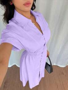 Vestido camisero casual de mujer con botones delanteros, mangas raglán y cintura ajustada - Morado - Ver 6