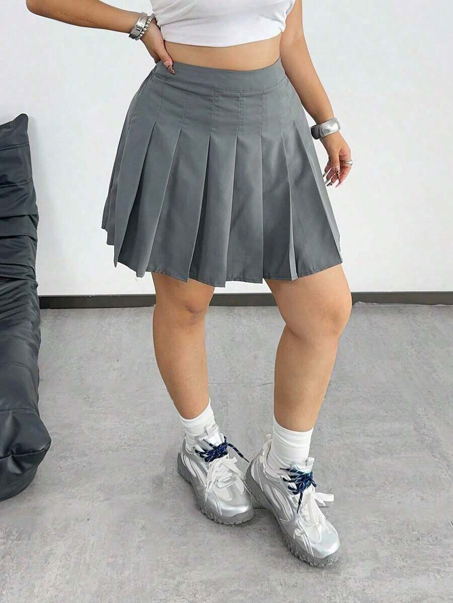 Vibekara Falda mini fruncida de talle alto y unicolor para mujer de talla grande - Gris - Ver 1
