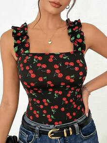 Top corto de mujer con camisola de flor de cerezo, nuevo colección primavera verano 2026 - Negro - Ver 5