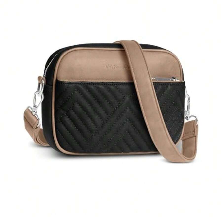 Premium Quilted Crossbody Bags For Women With Anti-Pickpocket Clip, Vegan Leather Handbags, Travel Purses For Women - 黑色和石色,配人造皮革錶帶 - 查看 1
