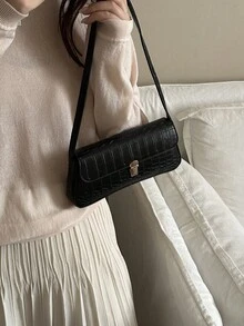 Túi xách nữ kiểu Hàn Quốc dập vân cá sấu, túi đeo vai thời trang mới, túi tote hình lưỡi liềm tối giản dành cho quý cô công sở - màu đen - Xem 2