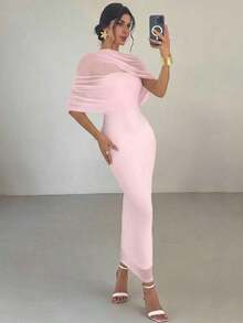 Vestido ajustado con cuello de volantes, cintura plisada y asimétrico, color amarillo sólido elegante y romántico.Atuendo para playa, aeropuerto, vacaciones y maestros. - Rosa Pálido - Ver 5