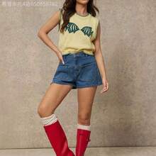 Fengyu Women's Clothing Store  Chaleco de punto con cuello redondo, tejido con puntadas múltiples y diseño de pez intarsia, ideal para primavera, resort, verano, uso casual, lindo, playa, vacaciones, Nashville, estilo vaquera, ropa occidental para mujer - Albaricoque - Ver 10
