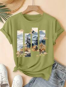 Women's Casual Summer T-Shirt 2026, New Short Sleeve Crew Neck Four-Panel Landscape Print T-Shirt, Vintage Distressed Style, Casual Sports Top, Soft Knit Fabric, High-Quality Women's Clothing. | Fun And Original Design | Fun And Rejuvenating Top - 紅色 - 查看 10
