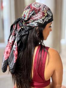 Women's Large Square Satin Scarf 90x90 Elegant Fashion Bandana For Hair And Neck - L5-Preto e vermelho - 查看 7