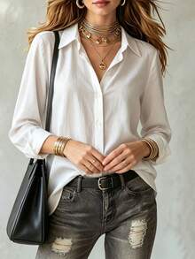 Camisa de manga larga con solapa de un solo pecho en blanco, parte superior versátil y casual, adecuada para el uso diario en primavera/otoño, trabajo y citas - Blanco - Ver 5