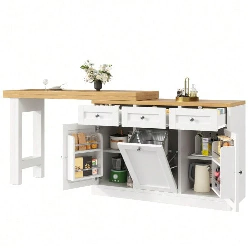 Ausziehbarer Bartisch mit Stauraum, Klappbarer Esstisch mit Schublade & Snackablage, herausziehbarer Mülleimerhalter (Eimer nicht enthalten), platzsparendes Design für kleine Wohnungen, Küche,Weiß - Weiss - Übersicht 1