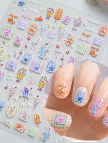 1 pièce Autocollants pour ongles avec motif de dessert d'été en relief, comprenant des motifs de glace, de sucette glacée et de fruits, autocollants d'art pour ongles mignons aux tons doux auto-adhésifs - Multicolore - Voir 1