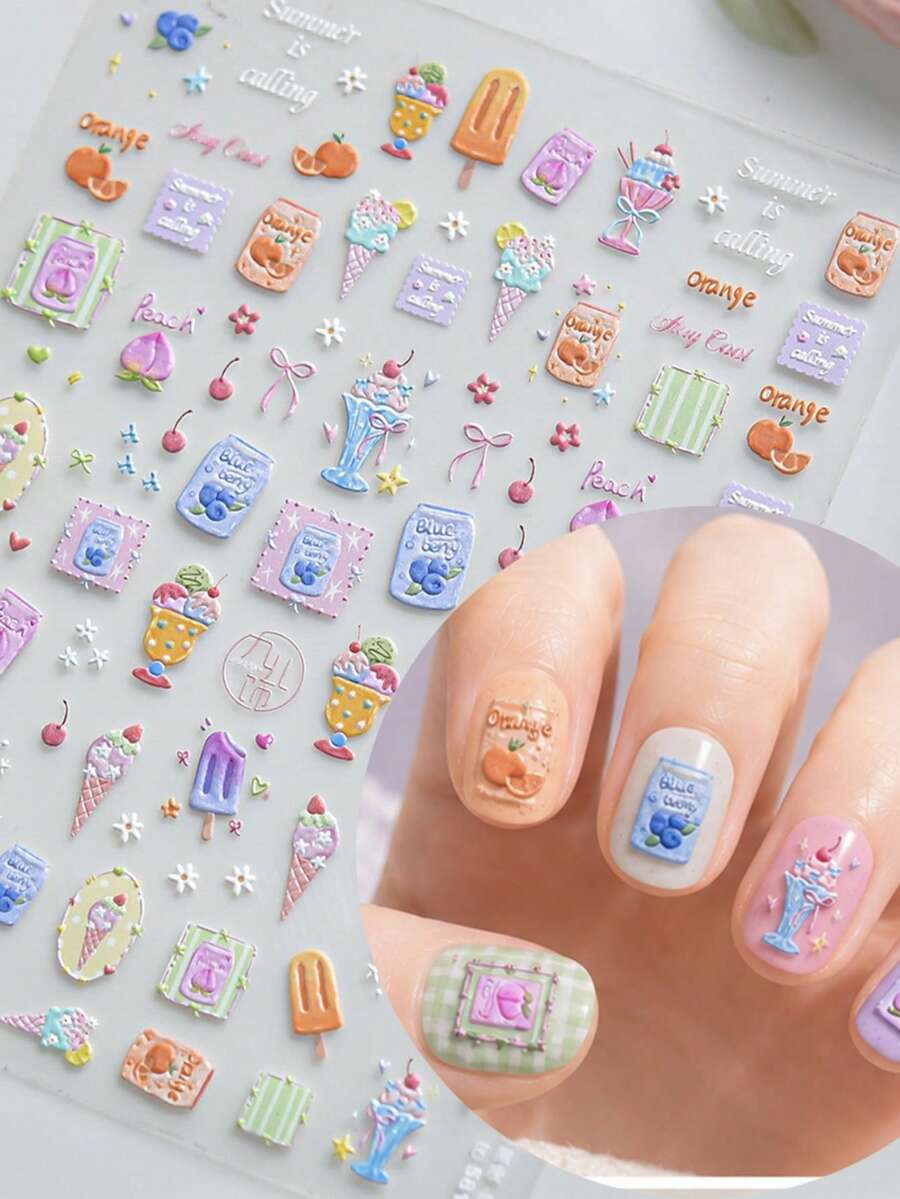 1 pièce Autocollants pour ongles avec motif de dessert d'été en relief, comprenant des motifs de glace, de sucette glacée et de fruits, autocollants d'art pour ongles mignons aux tons doux auto-adhésifs - Multicolore - Voir 1