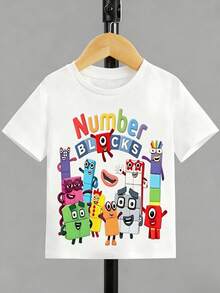 Boys' Clothing Autumn And Summer Casual Short Sleeved -1 To 10 Digital Building Block Cartoon Image - Printed Pattern Design Round Neck T-Shirt, Boys' Children's Clothing Pullover, 180g Polyester Soft Fabric, Local Warehouse, Suitable For Children's Vacation, Party, Outdoor, Travel Wear - trắng - Xem 3