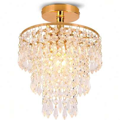 7.87-Inch Diameter X 11-Inch Height Crystal Chandelier, Close To Ceiling Light Fixture, Suitable For Bedroom, Hallway, Living Room, Girl's Room, Dining Room, Bathroom. (Bulbs Not Included)
