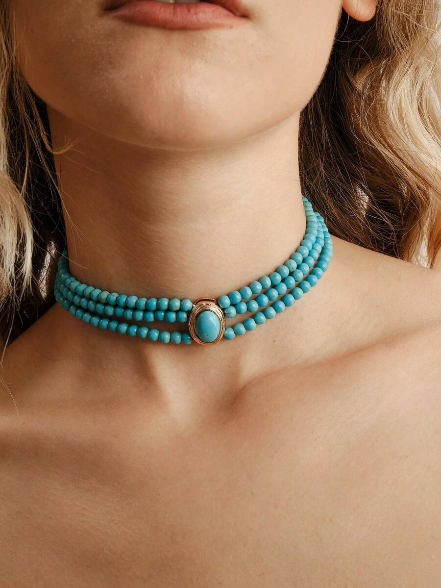 Nocturel 1pc Delicate And Elegant French Style Short Multilayer Turquoise Beaded Choker Necklace For Women, Suitable For Parties And Holidays - Turquoise - View 1