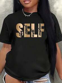 Women's Casual Printed T-Shirt, Round Neck, With Messages Of Self-Esteem, Respect, And Confidence, Machine Washable, Comfortable And Breathable, Sizes S-3XL, A Perfect Gift For Birthdays And Other Occasions, 100% Cotton, Durable - 黑色 - 查看 1