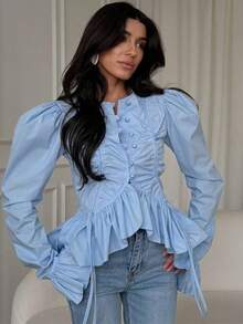 Spring 2026 Blouse With Pleats, Flared Sleeves And Irregular Ruffles, Elegant Exclusive Design - 藍色 - 查看 4
