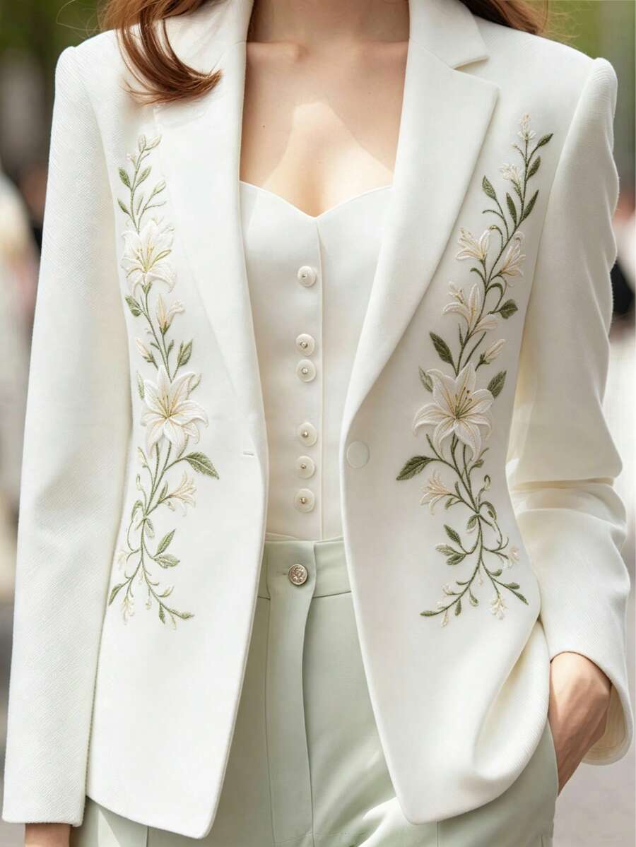 女款時尚刺繡單排扣西裝外套，適合日常通勤、聚會與秋季婚禮