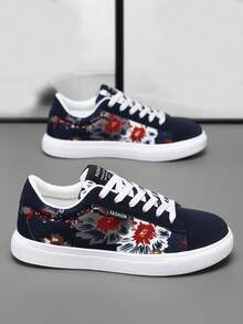 Zapatillas casuales ligeras de hombre con color de contraste, decoración con letras de moda y estampado aleatorio, de corte bajo con cordones, planas para patinar - Azul - Ver 6