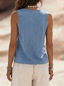 Zayélia Top de mujer de cuello en V, casual, cómodo, de vacaciones, de campo, relajado, de textura suave - Celeste - Ver 2