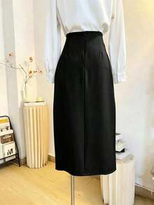Falda lápiz ajustada de cintura alta con abertura lateral, elegante y de alta gama, para uso diario, en color gris, para primavera/verano - Gris - Ver 9