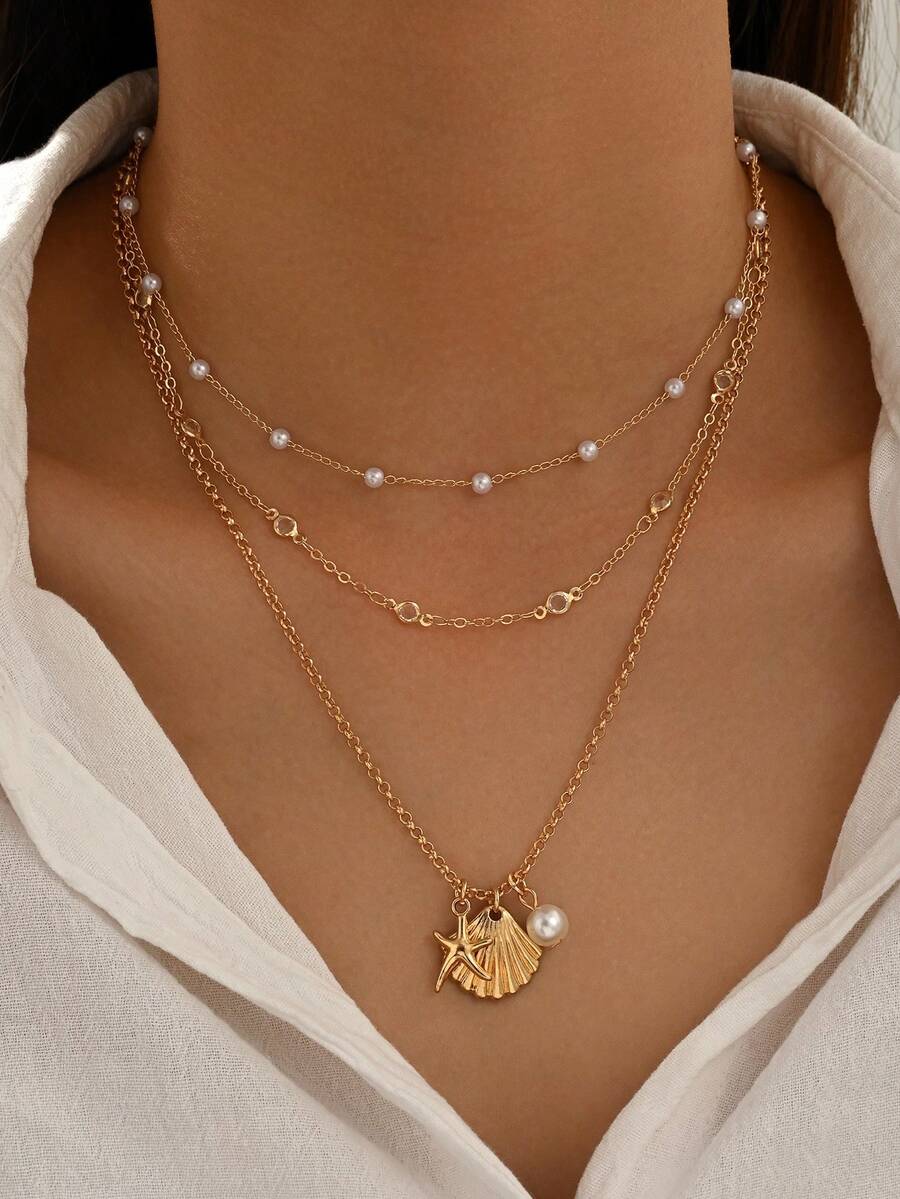 3pcs/Set Ocean Vacation Style Multi-Layer Necklace Set, Faux Pearl Choker Necklace With Starfish & Shell Pendants, Suitable For Daily Wear, Vacation Photo Shoots, And Dates. The Number Of Faux Pearls And Clear Rhinestones Is Random. - Multicolor - View 1