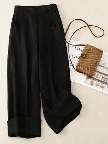 1 Piece Of 100% Pure Linen Women's Wide Leg Pants, Elastic Waistband With Loose Drawstring Design, Breathable Sagging Design, Suitable For  Commuting - Black - View 2