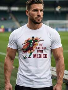 Graphic Print Cotton Blend T-Shirt, Lightweight, Durable Cotton Jersey, Classic Fit, Casual, Essential Urban Style, Cool Print,  Y2K Street Style, Youthful Casual Style, Suitable For All Occasions, Going Out, Clubbing, Dates, Exercising, Gym, Sporty Style, World Number 2026, World Cup Mexico, Sport, Soccer, Azteca Stadium,  Collection, Countries - 黑色 - 查看 3