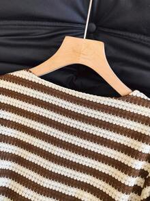 Selcouth Plus Size Women Striped Casual Versatile Daily Wear Top, V-Neck Textured Striped Vacation Casual Top, Summer Outfits For Plus Size Women - Brown - View 9