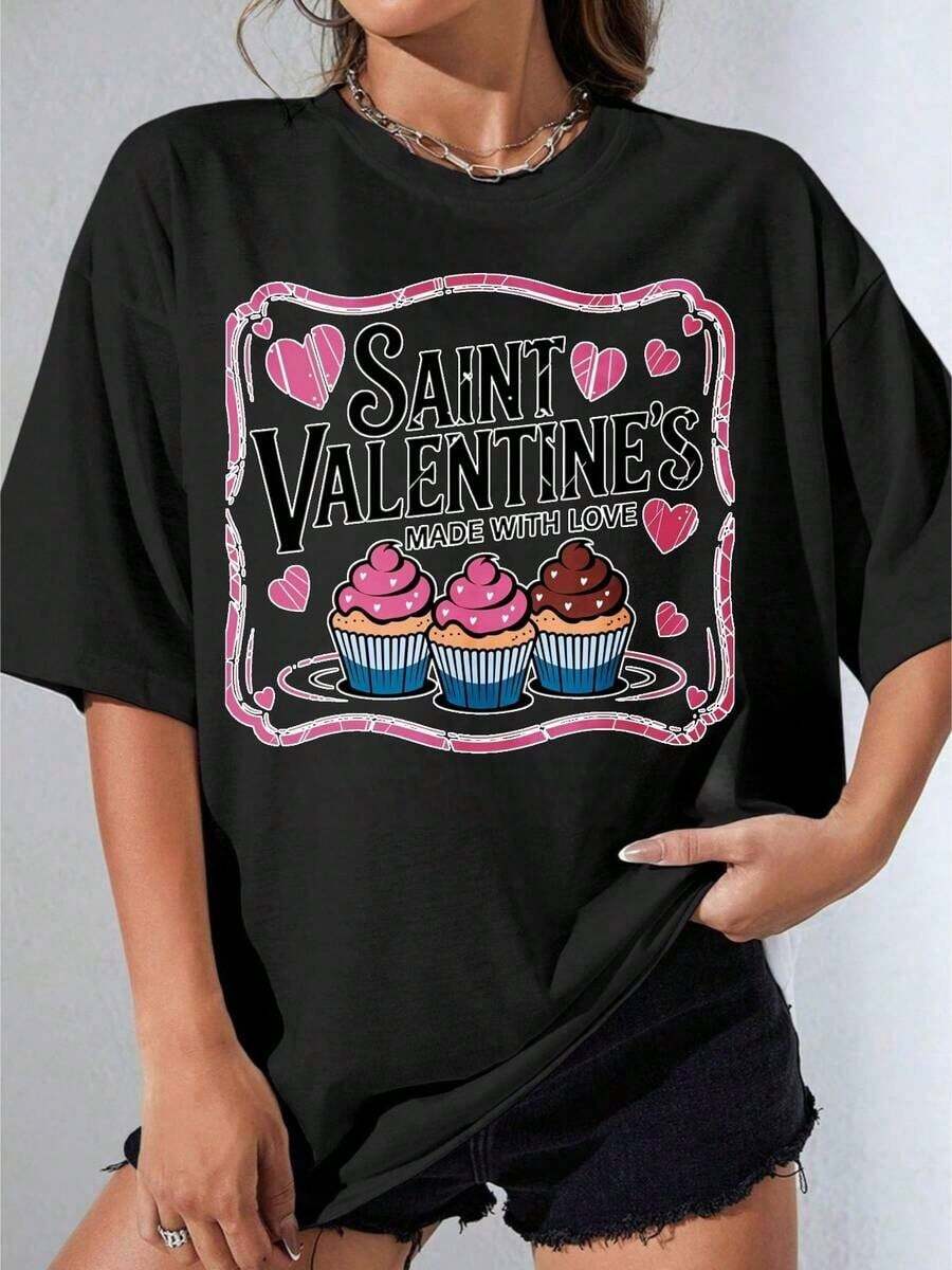 Black And White T-Shirt For Girls, Valentine's Day T-Shirt With White Cupcake And Heart Print, Made With Love Design For Valentine's Day Celebration, Outdoor Party, Casual Printed T-Shirt - 黑色 - 查看 1