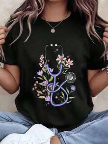 Women's T-Shirt With Stethoscope Floral Print, Round Neck, Casual Style, Gift For Nurses, Nurses Day, 220g, Loose Fit Blouse - 黑色 - 查看 1