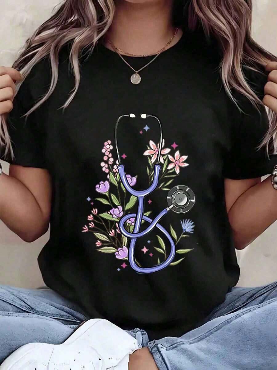 Women's T-Shirt With Stethoscope Floral Print, Round Neck, Casual Style, Gift For Nurses, Nurses Day, 220g, Loose Fit Blouse - 黑色 - 查看 1