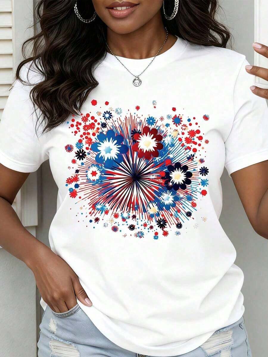 Women's T-Shirt With Patriotic Fireworks Floral Print, Red, White And Blue, For Independence Day Celebration, Casual Summer Wear, Cool Summer Clothes For Women - 白色 - 查看 1