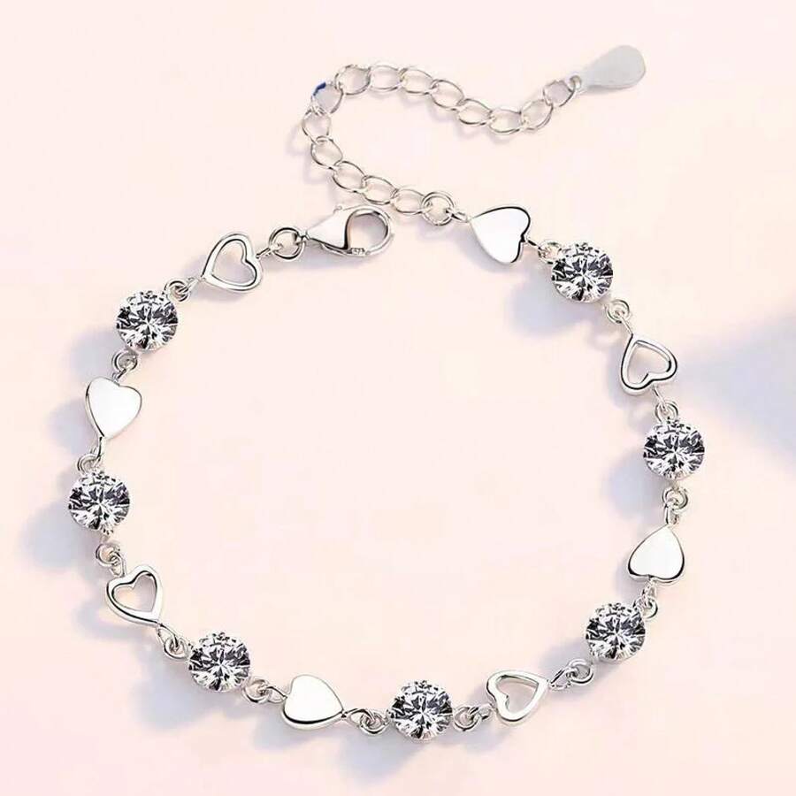 Korean Sterling Silver 925 Heart Shaped Crystal Necklace And Bracelet Set For Women, Vintage Party Jewelry, High-End Gift. - 銀色 05 - 查看 1