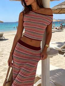 2pcs Women's Elegant Knit Set, Fitted Vacation Striped Off Shoulder Cropped Knit Top With Exposed Waist Design And Long Skirt, Spring/Summer - Multicolor - View 2