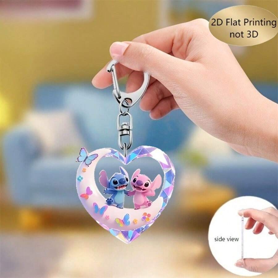 2D Flat, 1pc Lilo & Stitch Angel And Stitch Keychain, Suitable For Car, Bag, Car Decor, Cute Pendant With Classic Characters, Durable Acrylic Crab Lock Applicable For Backpack, Wallet Accessories, Christmas Gift, 2D Flat - Multicolor - View 1