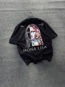 Fractyr Camiseta oversize con estampado de la Mona Lisa dividida en el frente y la espalda, de tacto suave, negra lavada, de estilo urbano, con gráfico de estética de graffiti - Negro - Ver 7