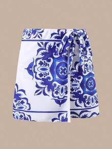 Swim Oasis Conjunto de traje de baño de una pieza 2025 con estampado, falda y pantalones de malla para mujer, conjunto de traje de baño informal para playa y vacaciones de verano - Azul y blanco - Ver 5