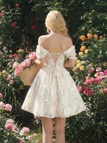MOD Vestido mini de moda para fiesta con hombros descubiertos, volantes y bordado floral - Rosa - Ver 7