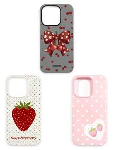 3pcs Cute Cherry Bow Polka Dot Strawberry Heart Print Matte Phone Cases, Including: Black & White Polka Dot Cherry Bow, Milky White Big Strawberry, Pink Polka Dot Strawberry Heart, Coquette Sweet Girl, Korean Ins, Y2K Dopamine, Summer Style, Red Cherry + Brown Bow + White Polka Dot + Strawberry + Heart, Suitable For Young Girls, Mothers Day, Valentines Day, Birthday, Easter, Spring - Multicolor - View 26