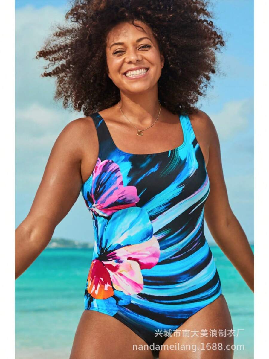 Women's Plus Size Printed One-Piece Swimsuit - 新花色 1 - 查看 1