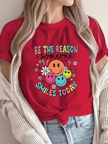 Women's Casual Short Sleeve T-Shirt - Happy  Face Print And Inspirational Lettering, Comfortable Crew Neck, Versatile All-Season Top, Loose Fit, Breathable Fashion T-Shirt, Printed T-Shirt, A Must-Have For Fashion Enthusiasts. ZOIH - 紅色 - 查看 7