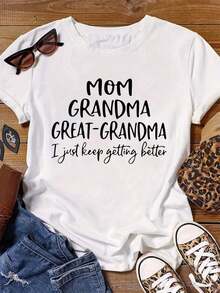Women's Casual T-Shirt - Short Sleeve Casual T-Shirt - Pink Crew Neck With Inspirational Quotes Like "MOM, GRANDMA, GREAT-GRANDMAID", Plus Size, Machine Washable, All-Season Comfort, Everyday Wear, Relaxed Fit T-Shirt, Non-See-Through Material, 100% Cotton, Durable - 白色 - 查看 6
