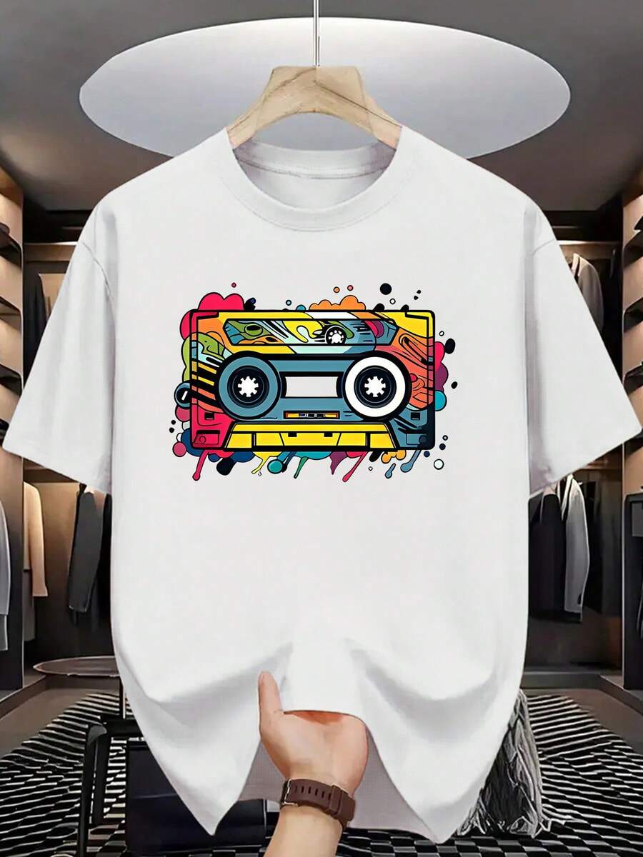 Men's Short Sleeve T-Shirt With 'M' Logo Print - Casual Crew Neck, Regular Fit, Opaque, Summer Essential - Machine Washable, Casual Warm Weather Wear - Versatile Piece For Smart/Casual Looks - Men's Basic - 白色 - 查看 1