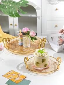 Tea Cup Coffee Cup Water Cup Serving Tray, Thickened PET Round Transparent Glacier Pattern Tray With Handles, Durable - Perfect For Home Living Room Decor, Weddings And Parties - Amber With Gold Trim - View 6