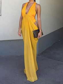 Vestido de mujer elegante de punto amarillo con tirantes finos y espalda descubierta, ligeramente elástico, adecuado para uso en fiestas, bodas y primavera - Amarillo - Ver 6