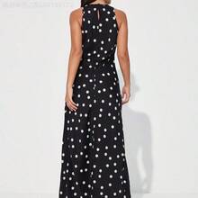 Soqi Women's Clothing  Vestido maxi elegante y sofisticado de estilo vintage francés para mujer, con diseño asimétrico, cuello redondo, sin mangas, de tela de acetato satinada con estampado de lunares y bloques de color, versátil y apropiado para el trabajo - Blanco - Ver 3