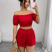 Fengyu Women's Clothing Store  Conjunto informal de 2 piezas con hombros descubiertos, lazo y espalda descubierta para vacaciones de mujer - Negro - Ver 5